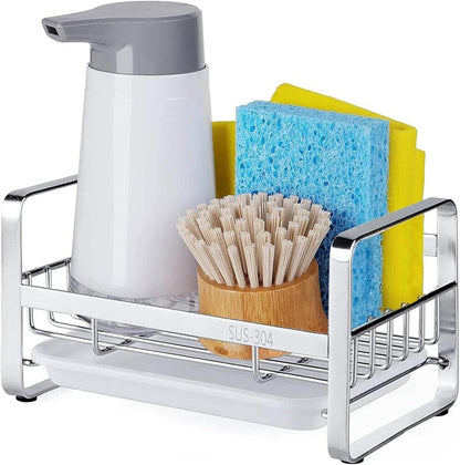 HULISEN Large Sponge Holder, 304 Stainless Steel Kitchen Soap Dispenser Caddy Organizer, Countertop Soap Dish Rack Drainer with Removable Drain Tray, not Including Dispenser and Brush, Silver