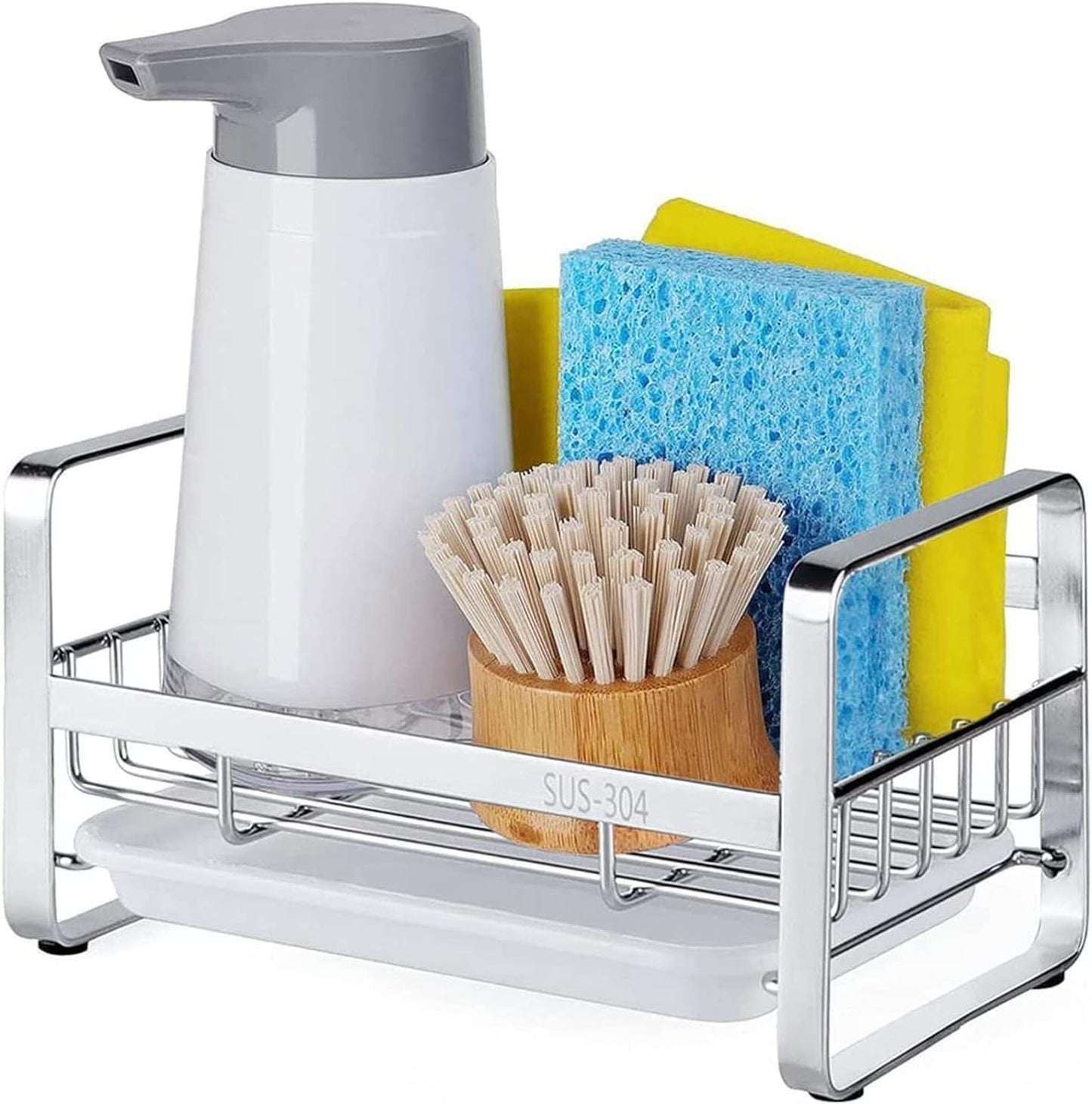 HULISEN Large Sponge Holder, 304 Stainless Steel Kitchen Soap Dispenser Caddy Organizer, Countertop Soap Dish Rack Drainer with Removable Drain Tray, not Including Dispenser and Brush, Silver