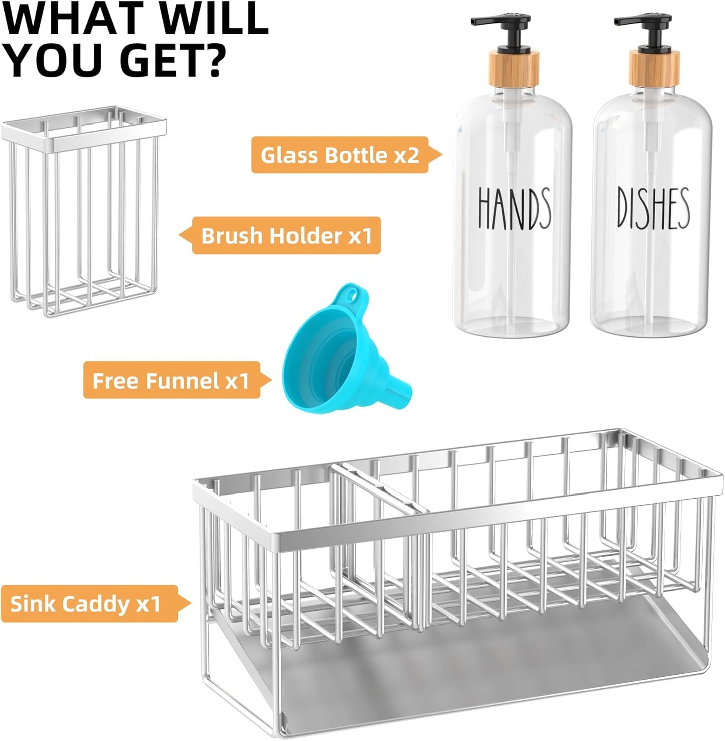 Cisily Kitchen Dish Soap Dispenser Set with 2 Pack 16.9oz Black Glass Bottle and Sponge Holder, Dish Soap Dispensers with Adjustable Sponge Holder, Vintage Hand and Dish Soap Dispensers Set