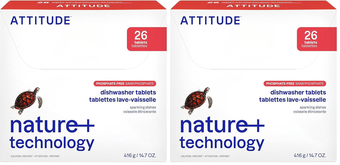 ATTITUDE Dishwasher Pods, Plant-Based & Vegan, Phosphate-Free Detergent Tablets, Naturally Derived, Unscented, 26 Count