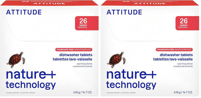 ATTITUDE Dishwasher Pods, Plant-Based & Vegan, Phosphate-Free Detergent Tablets, Naturally Derived, Unscented, 26 Count
