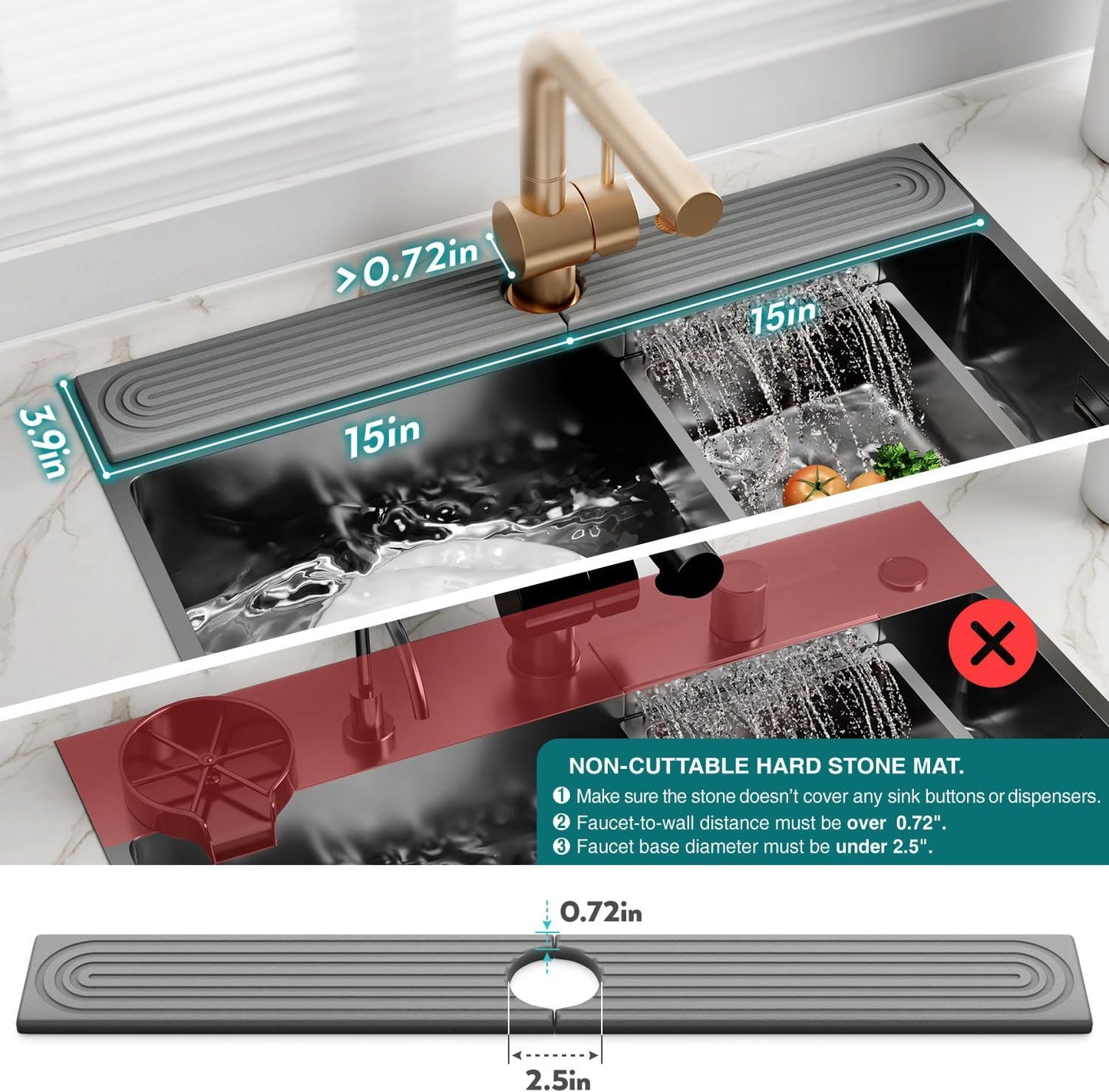 Eormoe Faucet Mat for Kitchen Sink – Diatomite Stone Drying Mat & Sink Protectors, Prevent Moisture – Sink Splash Guard Water-Absorbing Stone Tray for Bathroom Counter (Light Grey, 23.6" x 3.9")
