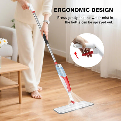 nacena Spray Mop for Floor Cleaning, Dust Mop with 420 ml Refillable Bottle and 3 Pcs Washable Pads Dry Wet Floor Mop for Household or Commercial Use for Hardwood Laminate Tile Ceramic, Red&White