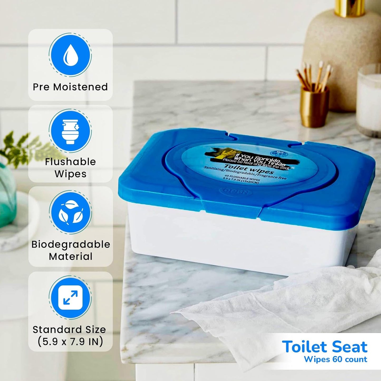 Wipe Dispenser & Toilet Wipes – 60 Count, Multipurpose Flushable Wipes, Aloe Extract, Unscented, Easy-to-Use with Pop Up Dispenser, Septic Safe, Perfect for Potty Training & Bathroom Hygiene