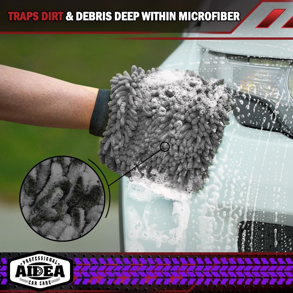 AIDEA Car Wash Mitt Microfiber, 2PK Scratch Free Lint-Free, Premium Chenille Microfiber Mitt Car Wash Brush, Green, Regular Size 7.12''X10.14''