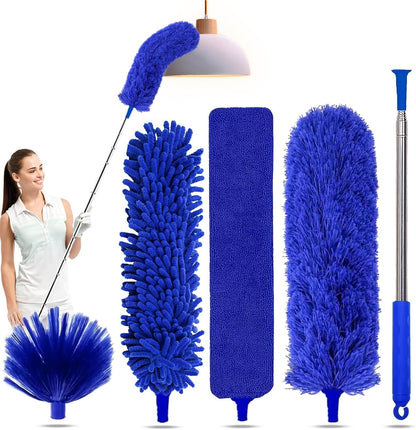5-in-1 Kit Dusters for Cleaning, Duster with Extension Pole, Extendable Duster with 100 Inches, Microfiber Dusters, Webster Cobweb Duster for Cleaning Ceiling Fans, Furniture, Blinds - Blue
