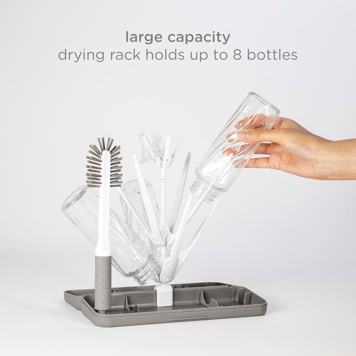 Ubbi On-the-Go Drying Rack and Brush Set, Includes Travel Case and Bottle Brush for Compact Storage, Holds Up To 8 Bottles, Baby Travel Accessories, Gray