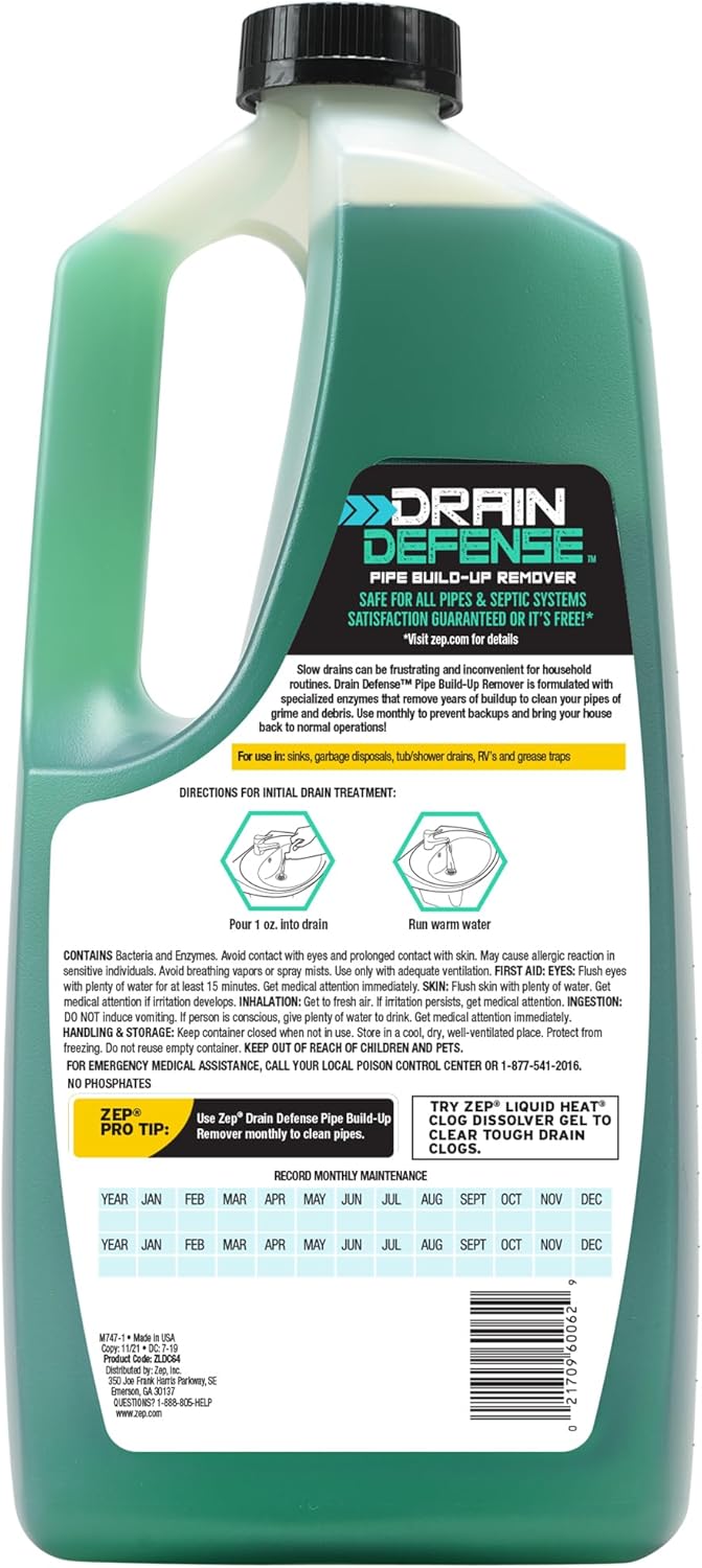 Zep Drain Defense Pipe Build-Up Remover - 64 Ounces - ZLDC648 - Professional Strength Liquid Pipe Build Up Remover,GREEN