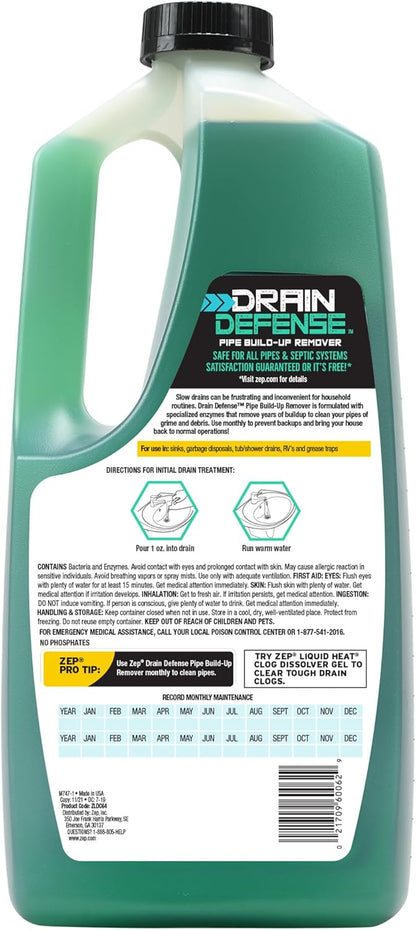 Zep Drain Defense Pipe Build-Up Remover - 64 Ounces - ZLDC648 - Professional Strength Liquid Pipe Build Up Remover,GREEN