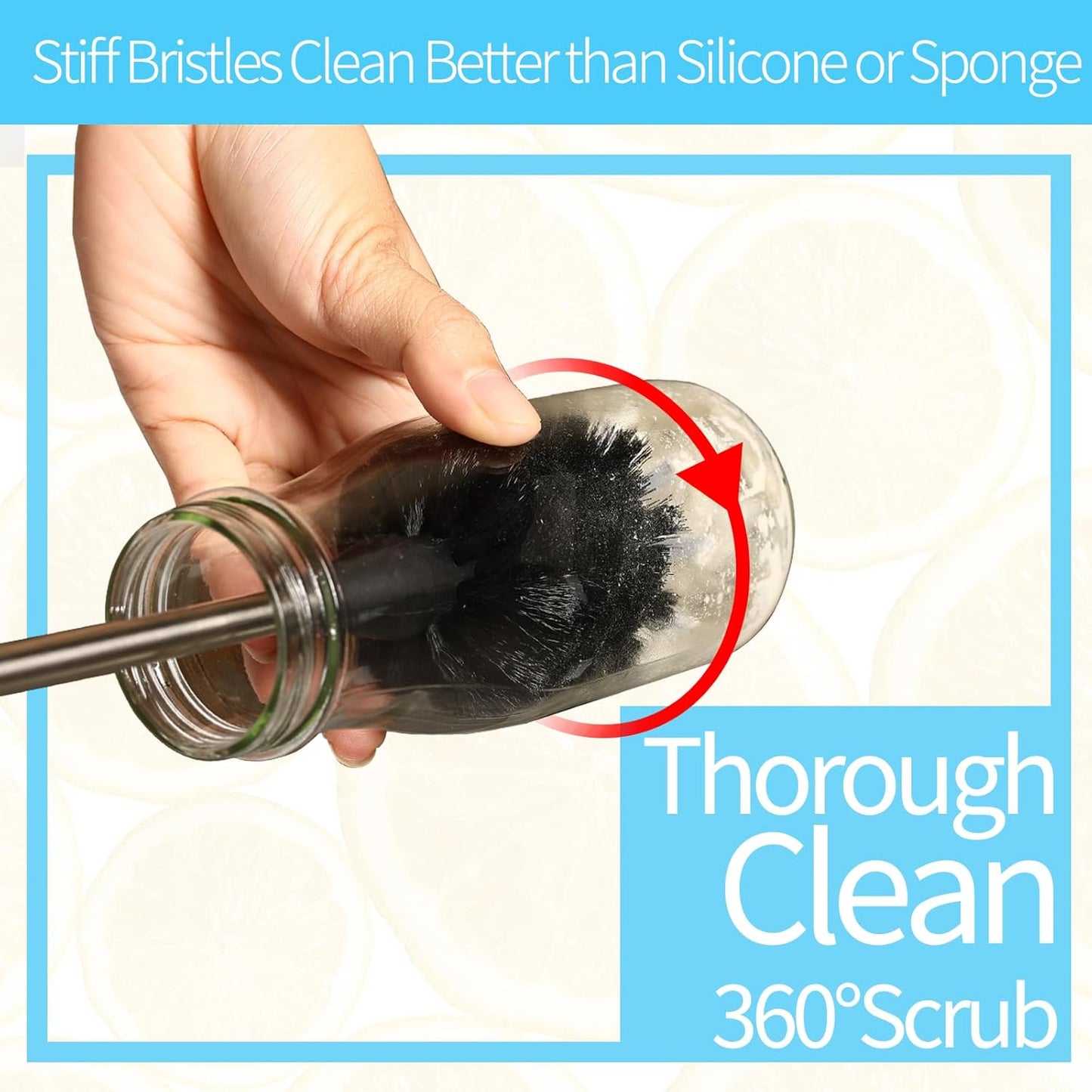 Bottle Brush Set 4 Pack - 15 Inch Long Handle Bottle Brush Cleaner with Stainless Steel Shaft, Straw Cleaner Brush and Lid Brush for Bottles, Thermos, Glasswares, Mugs, Cups, Tumblers