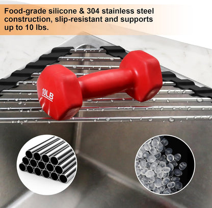 Corner Sink Caddy Triangle Dish Drying Rack for Sink Corner, Sponge Holder Roll Up Dish Drying Rack Over The Sink, Stainless Steel Kitchen Sink Organizer Drainer Mat Sponge Caddy for Counter Storage