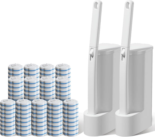 Wazzio 2 Pack Disposable Toilet Brush with Holder Set, 104 Count Toilet Wand Refills, Extended Handle Toilet Bowl Cleaner Brush for Bathroom and Bathtub Deep Cleaning