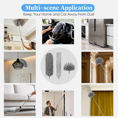 Microfiber Feather Duster 5-in-1 Kit with Extension Pole, Washable Cleaning Duster Set with 3 Duster Heads, Cobweb Duster, Corner Brush, 100'' Extendable Long Duster for High Ceilings, Fans, Furniture