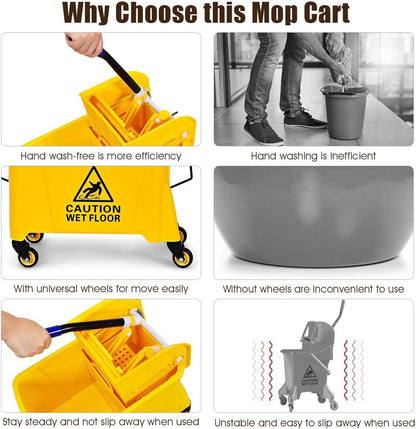 Mop Bucket, Commercial Bucket for Mopping on Wheels with Potable Handle, Mop Bucket with Wringer for Home, Household, Office, Bathroom, Yellow (25 Quarts)