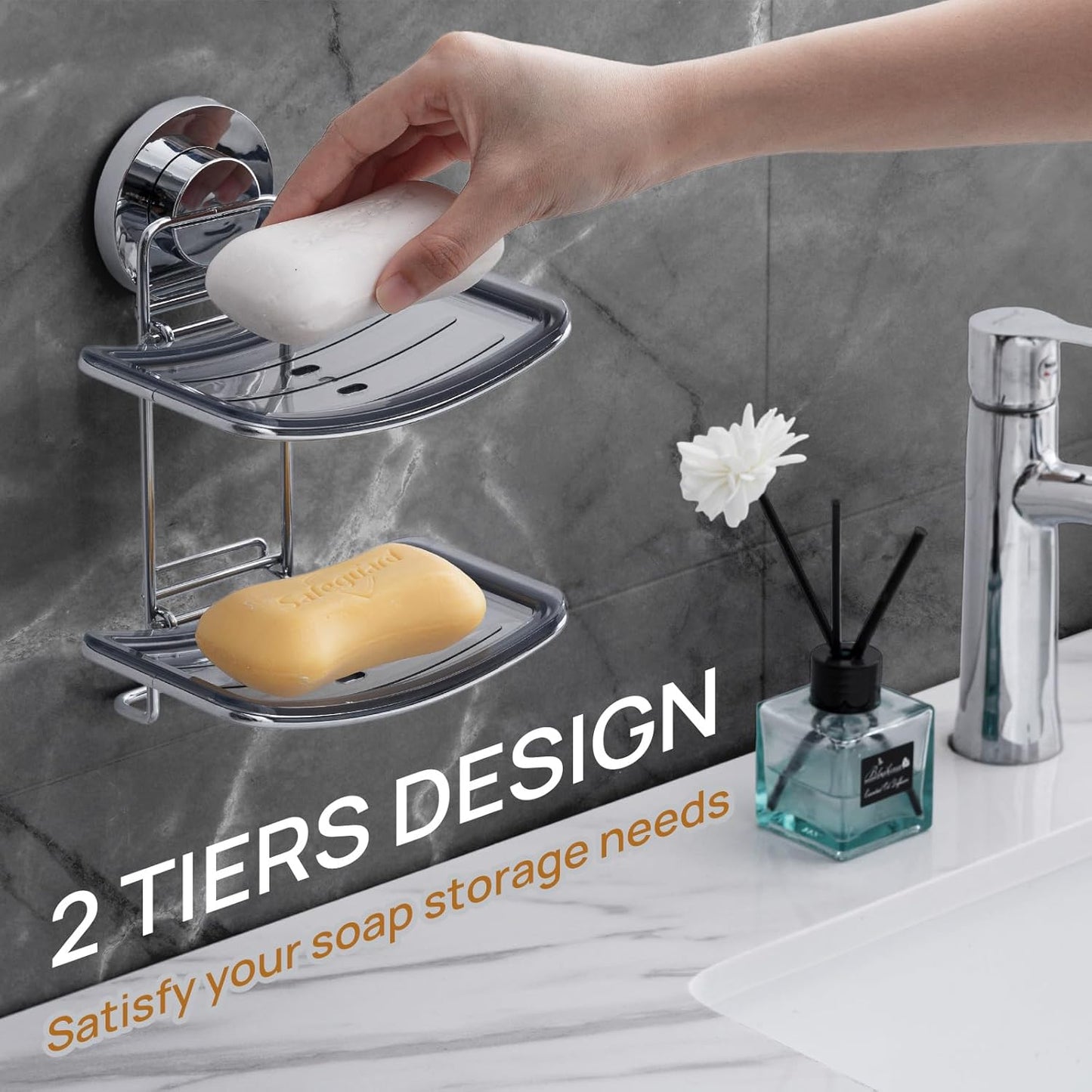 LEVERLOC Soap Holder Shower with Hooks, Bar Suction Cup Soap Dish Tray for Wall, Rust-Proof Stainless Steel Sponge Caddy for Bathroom Accessories Organizer Bathtub Kitchen Sink, Black