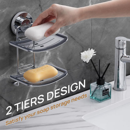 LEVERLOC Soap Holder Shower with Hooks, Bar Suction Cup Soap Dish Tray for Wall, Rust-Proof Stainless Steel Sponge Caddy for Bathroom Accessories Organizer Bathtub Kitchen Sink, Black