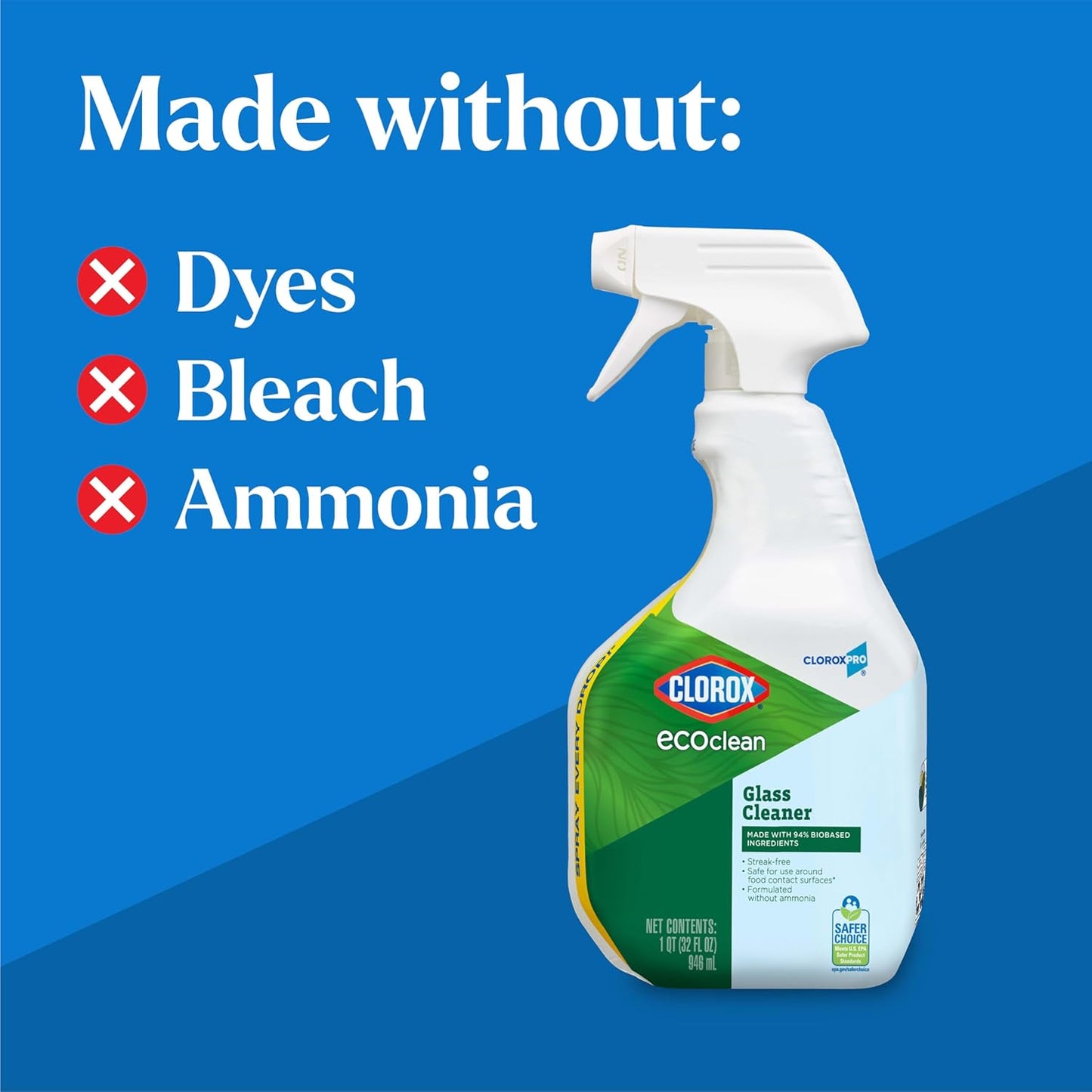 CloroxPro Clorox EcoClean Glass Cleaner Spray Bottle, 32 Fluid Ounces