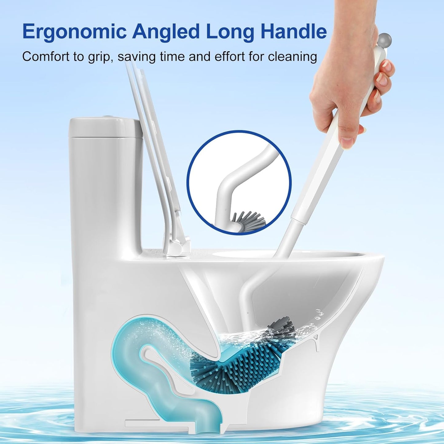 HAMITOR Toilet Bowl Brush Holder Set: Deep Cleaning Silicone Toilet Cleaner Scrubber Under Rim with Curved Bristle for Bathroom Dead Corner Clean - Modern Rv Toilet Decorative Accessories - Gray