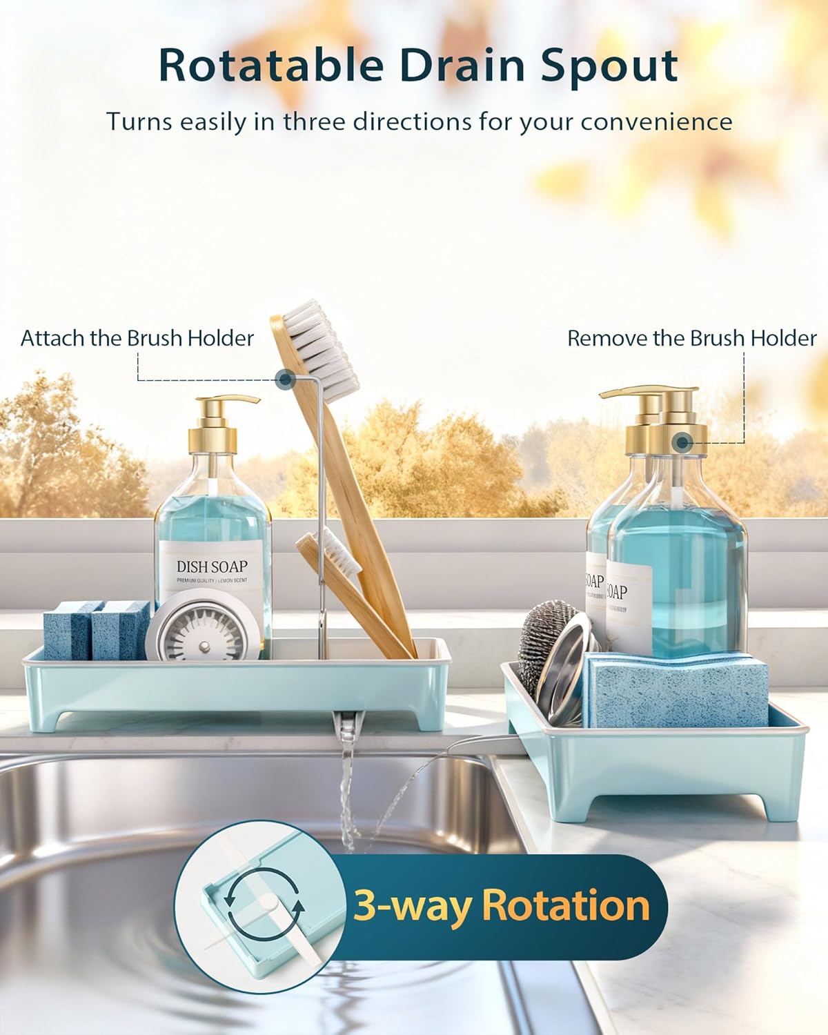 Minimalist Sink Caddy, Rustproof Sponge Holder for Kitchen Sink with 304 Stainless-Steel Brush Holder, Countertop Rack Organizer with Raised Ridges & Silicone Drain Tube (Mint Green, Large)