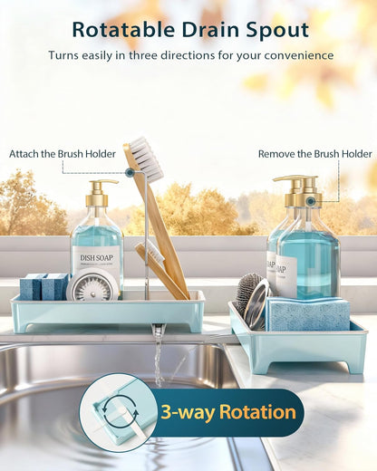 Minimalist Sink Caddy, Rustproof Sponge Holder for Kitchen Sink with 304 Stainless-Steel Brush Holder, Countertop Rack Organizer with Raised Ridges & Silicone Drain Tube (Mint Green, Large)
