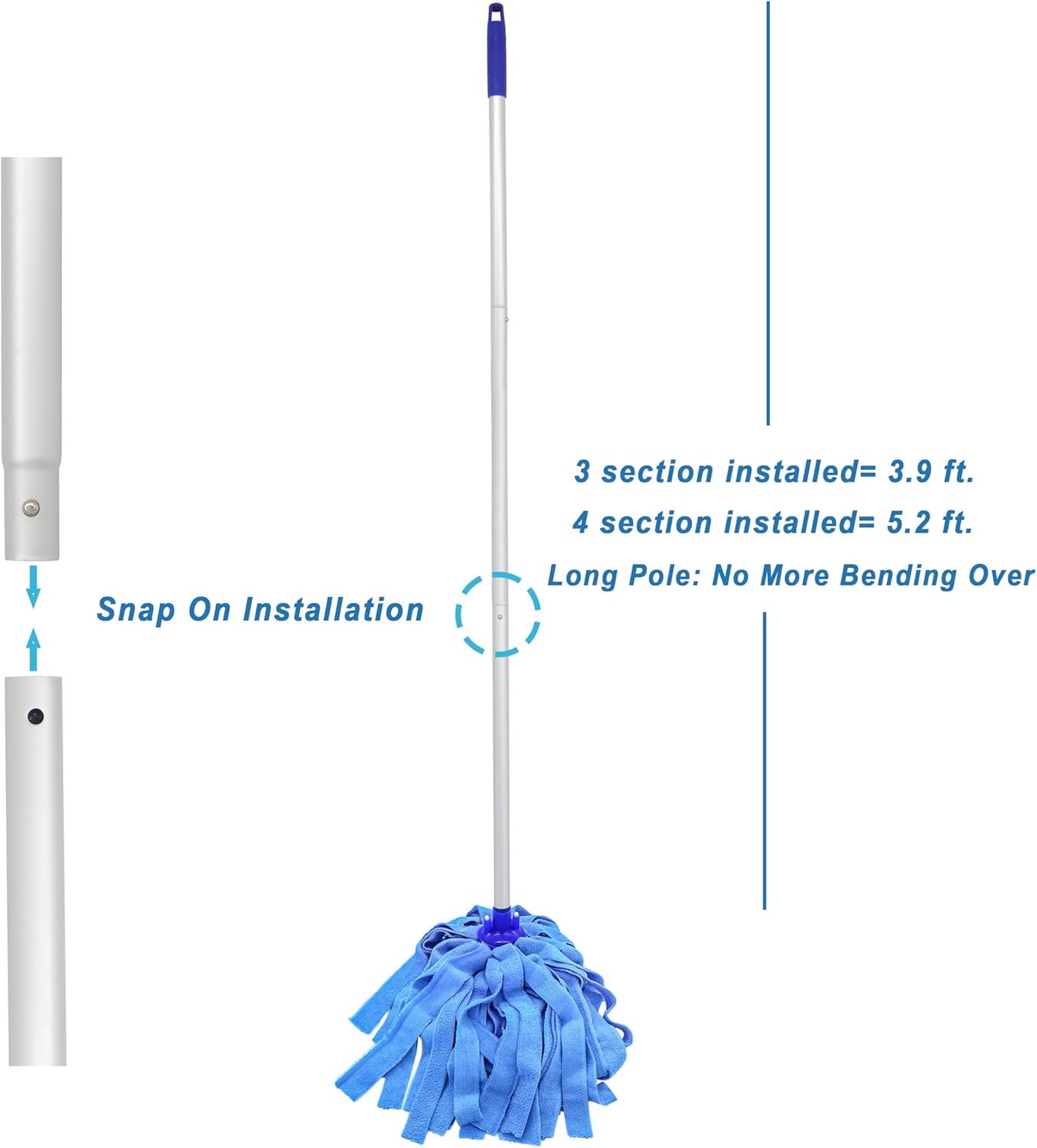 EaseYourDay Mop, One Pole with Two Blue Microfiber Cloth Heads (1 Handle & 2 Mop Heads)