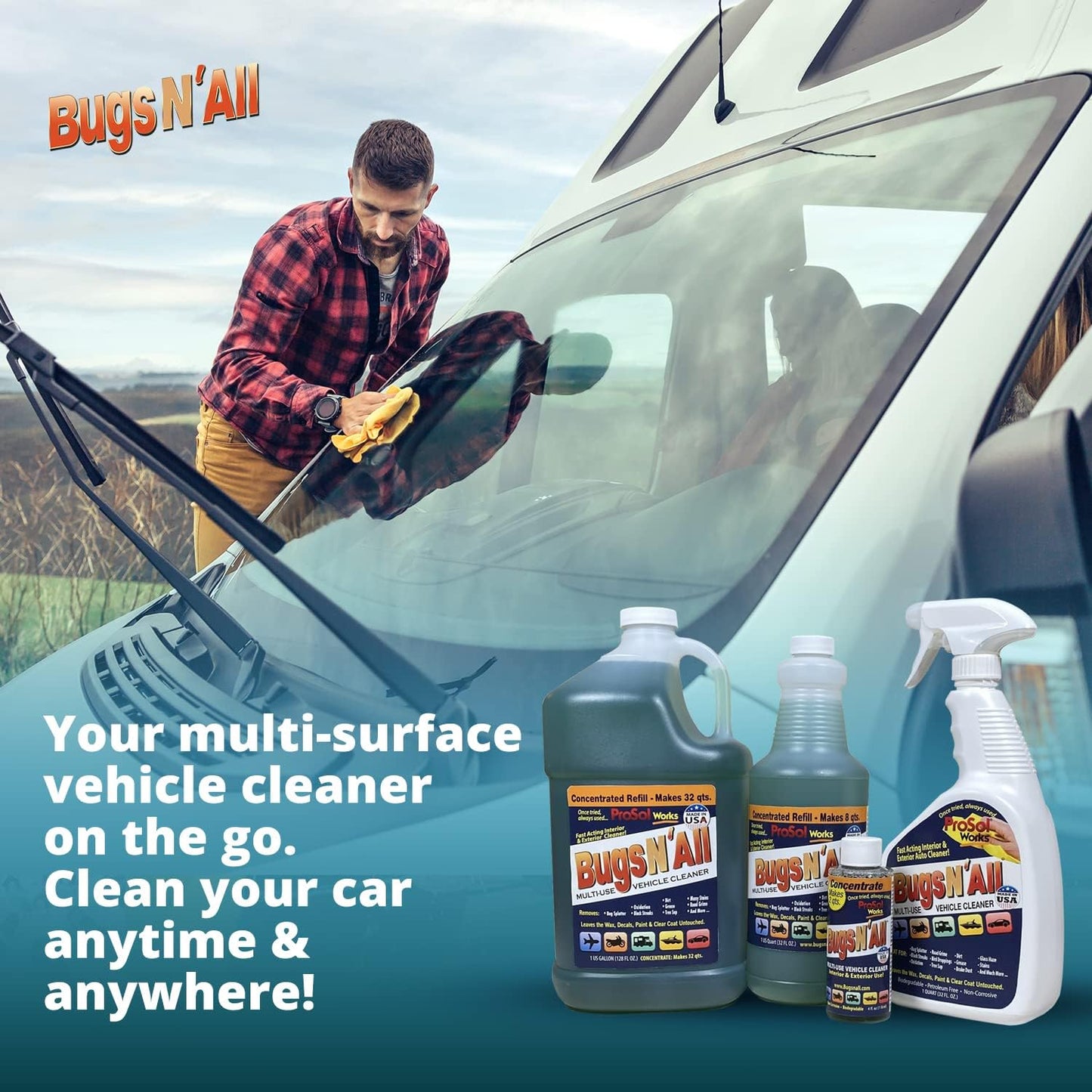 Bugs N’ All Multipurpose Car Cleaner & Degreaser - Bug & Tar Remover Concentrate 32 oz - Exterior Cleaner Safe for Car Paint, Metal, Chrome, Aluminum, Windows & Mirrors - w/Free 32 oz Spray Bottle