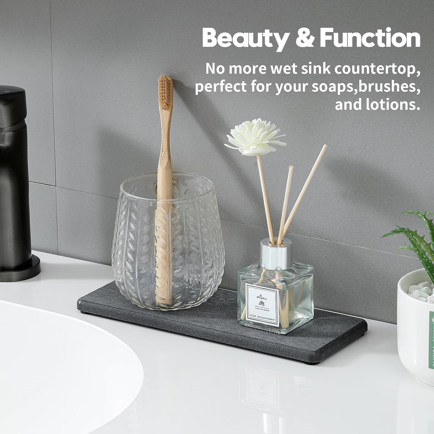 2PCS Water Absorbing Stone Drying Tray for Kitchen Counter & Bathroom Sink, Diatomite Faucet Splash Guard, Soap Dispenser Rack & Sponge Holder Caddy Organizer, Marble White (Printed Pattern), 9"x 3.5"