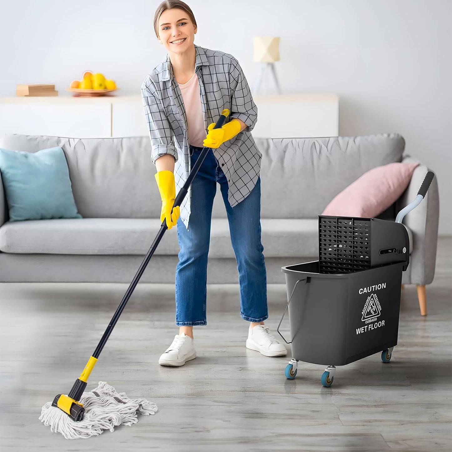 KeFanta Commercial Mop Heavy Duty Industrial Mop with Long Handle,60" Looped-End String Wet Cotton Mops for Floor Cleaning,Home,Kitchen,Office,Garage and Concrete/Tile Floor