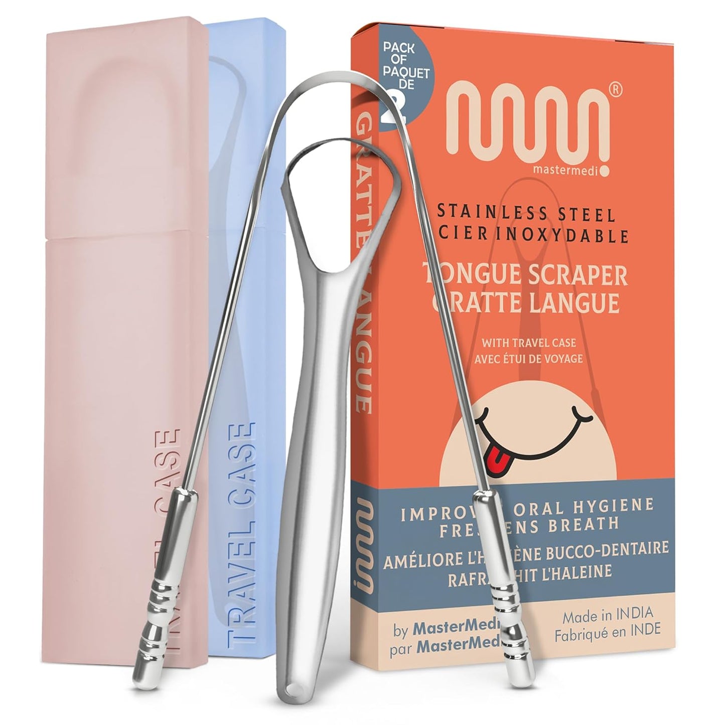 MasterMedi Tongue Scraper for Adults, 100% Stainless Steel Tongue Scrubber for Bad Breath, Easy to Use, Tongue Cleaner for Oral Care & Hygiene (SS Uni|Pack of 2)