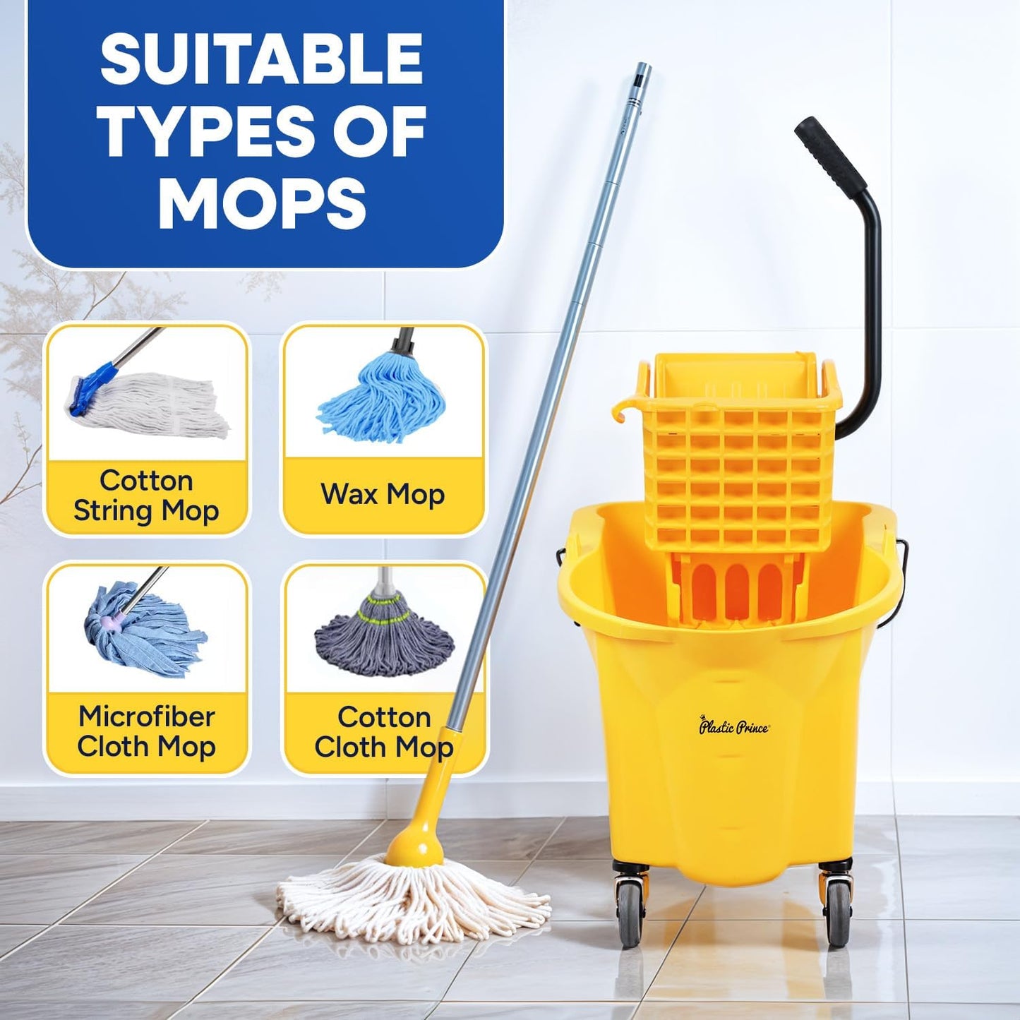 PLASTIC PRINCE Small Mop Bucket with Wringer on Wheels 5 Gallon, Heavy Duty Dual Chamber Mop Bucket Separate Dirty Water, Perfect for Household, 20 Quart Yellow