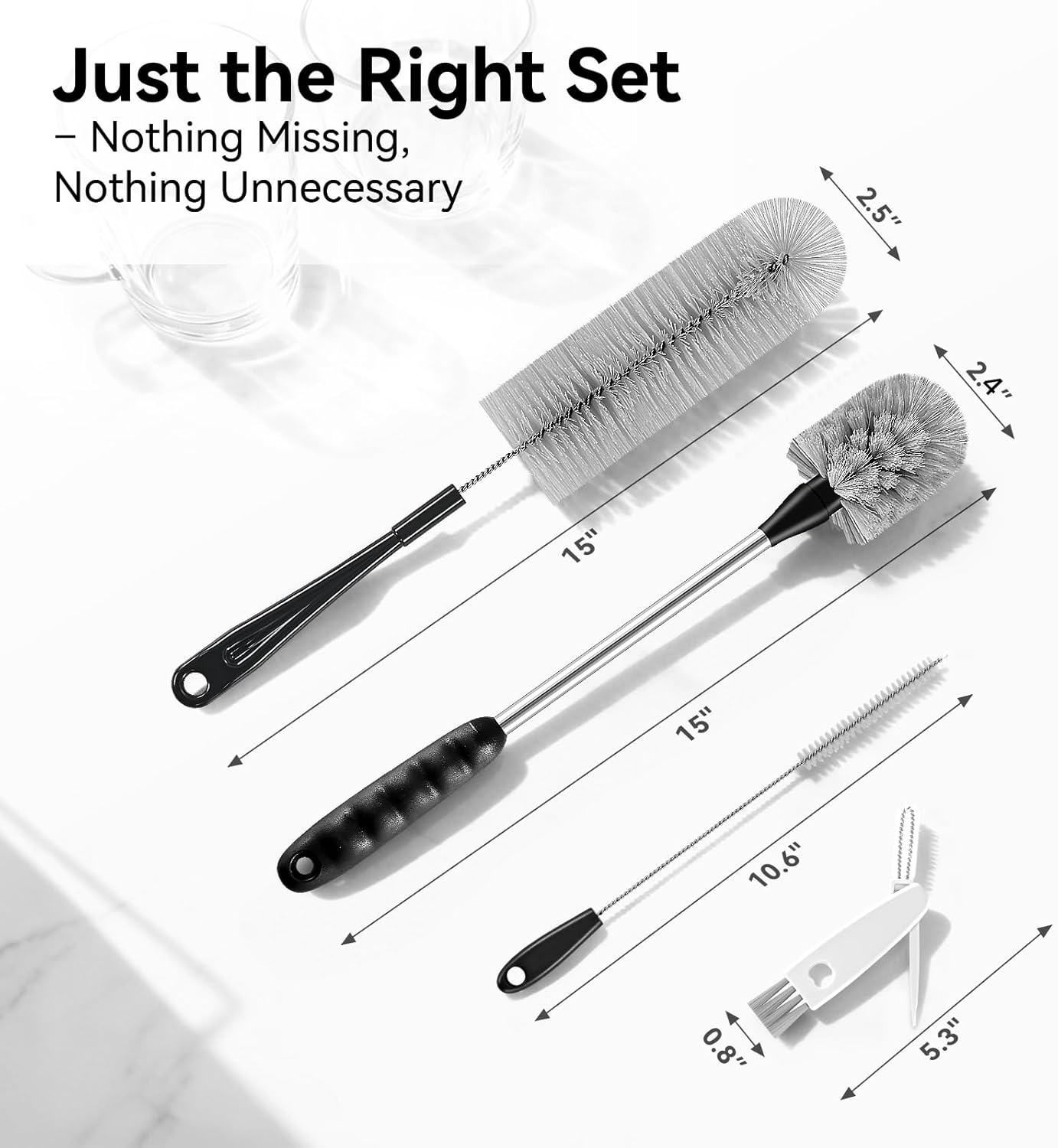 Bottle Brush Set with Straw Cleaner Brush and 3 in 1 Cup Lid Cleaning Brush, Water Bottle Cleaner with Long Handle for Cleaning Narrow Neck Beer, Cup, Wine Glasses, Tumblers, Baby Bottles