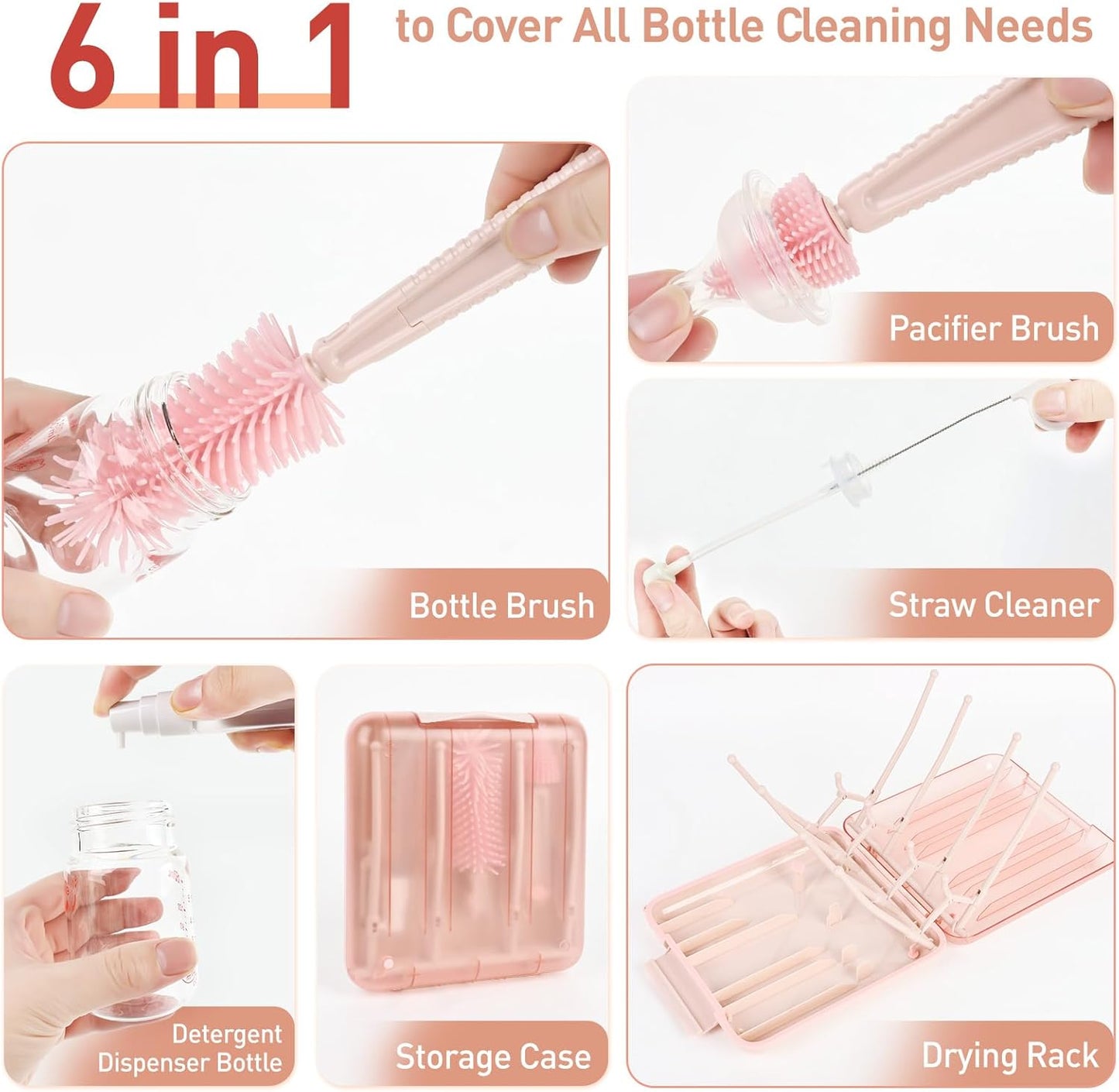 Baby Bottle Brush Set, 6-in-1 Travel Bottle Cleaner Kit with Silicone Bottle Brush, Nipple & Straw Brush, Soap Dispenser, Drying Rack, Storage Box – Compact Baby Travel Essential for Home & On-The-Go
