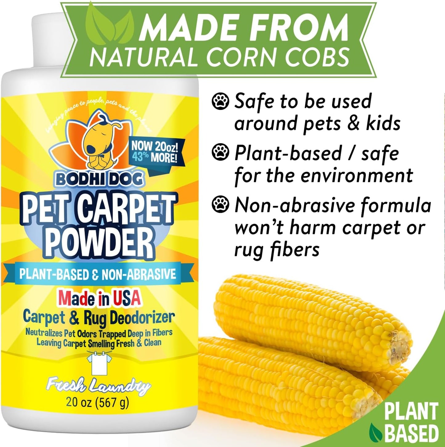 Bodhi Dog Natural Carpet Deodorizer Powder - Dry Pet Smell Eliminator & Urine Odor Remover - Loosens Fur & Dirt - Plant-Based Room Freshener for Vacuuming Home - Fresh Laundry (Pack of 1)