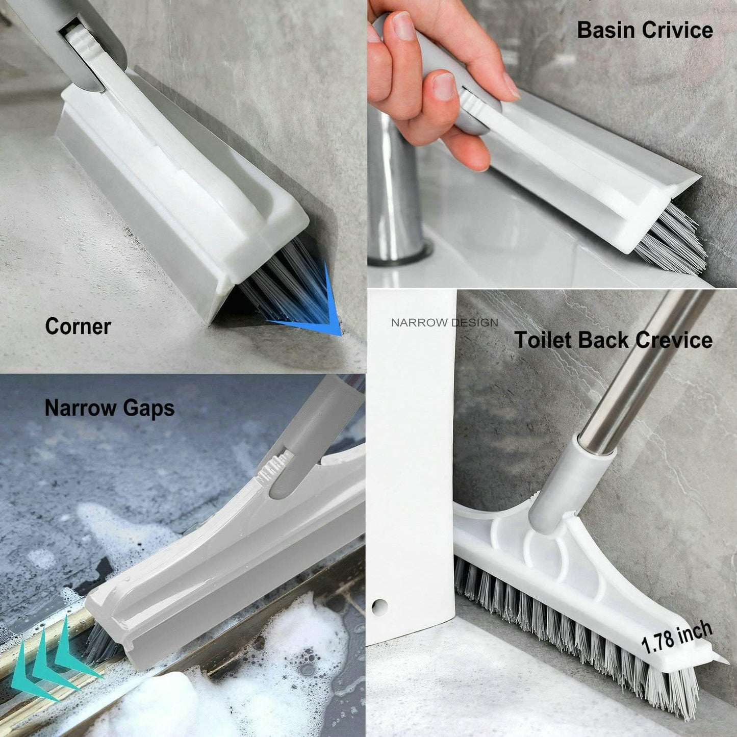 2 in 1 Cleaning Scrub Brush Grout Brush Scrapee 3 Poles 47.6'' Floor Scrub Brush with Long Handle V-Shape Stiff Bristle Brush Scrubber with Squeegee 120°Rotate Shower Cleaning Brush for Bathroom Glass