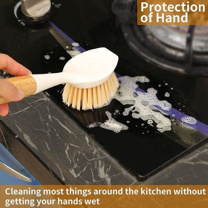 2 Pack Kitchen Dish Brush Bamboo Handle Dish Scrubber Built-in Scraper, Scrub Brush for Pans, Pots, Kitchen Sink Cleaning, Dishwashing and Cleaning Brushes are Perfect Cleaning Tools, White
