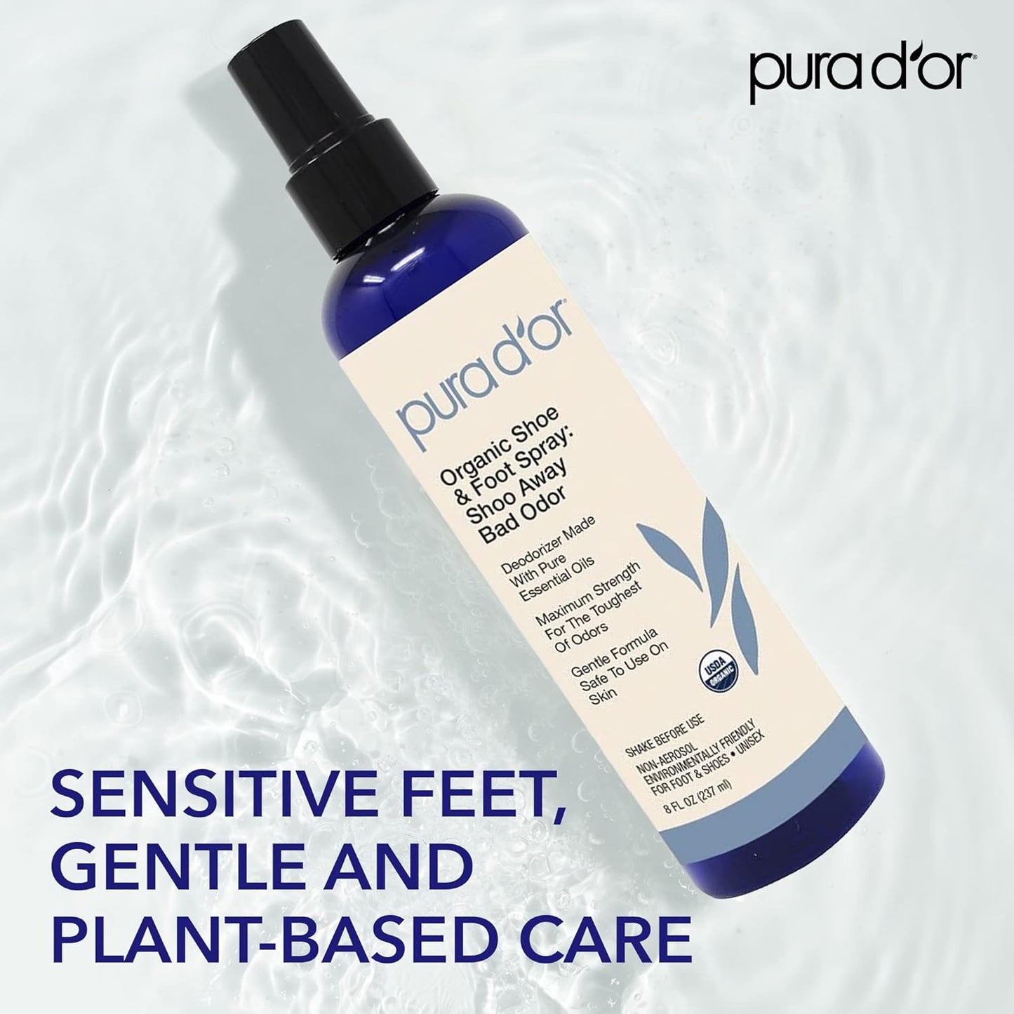 PURA D'OR Organic Shoe & Foot Odor Eliminator Spray (8oz) Deodorizes & Removes Bad Smells with Eucalyptus, Peppermint, Tea Tree, Lemongrass Essential Oil, Maximum Strength (Packaging may vary)
