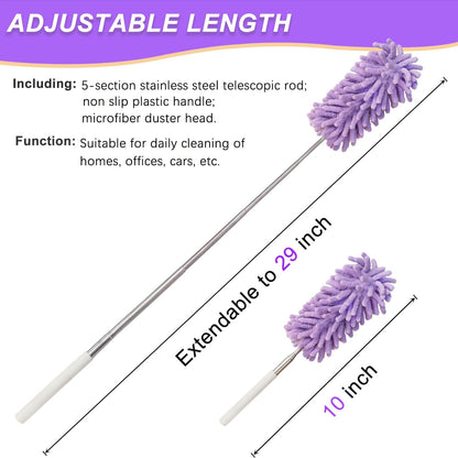 2Pcs Mini Duster for Cleaning, Microfiber Duster with Extendable Pole, Washable Small Duster, Cleaning Tools for Office, Car Interior, Window, Furniture, Computer (Purple)