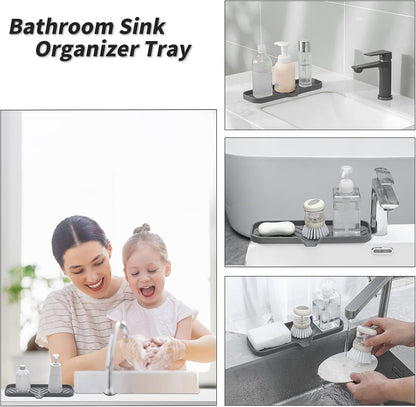 MicoYang Silicone Bathroom Soap Dishes with Drain Spout-Bathroom and Kitchen Sink Organizer,Sponge Holder,Dish Soap Tray,Perfect for Dispenser,Scrubber,Bottle,Cup on Sink or Counter-Black 4.9"×3.2"