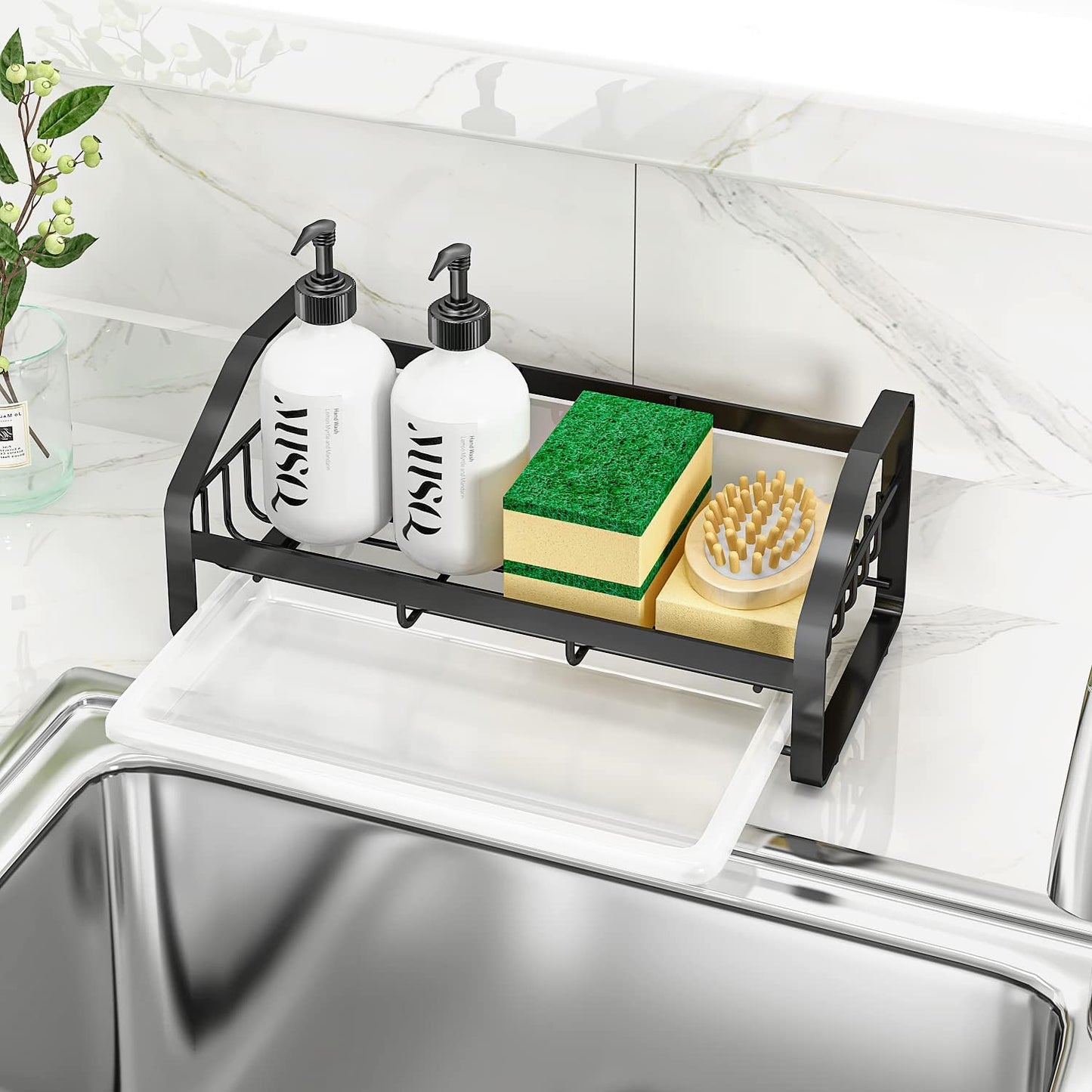 BSKSSK Sink Caddy, Sponge Holder for Kitchen Sink, Bathroom Sink Organizer, 304 Stainless Steel Kitchen Countertop Organizer Soap Tray with Removable Drain Tray-Black