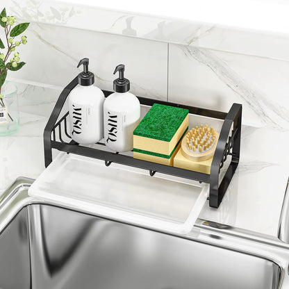 BSKSSK Sink Caddy, Sponge Holder for Kitchen Sink, Bathroom Sink Organizer, 304 Stainless Steel Kitchen Countertop Organizer Soap Tray with Removable Drain Tray-Black