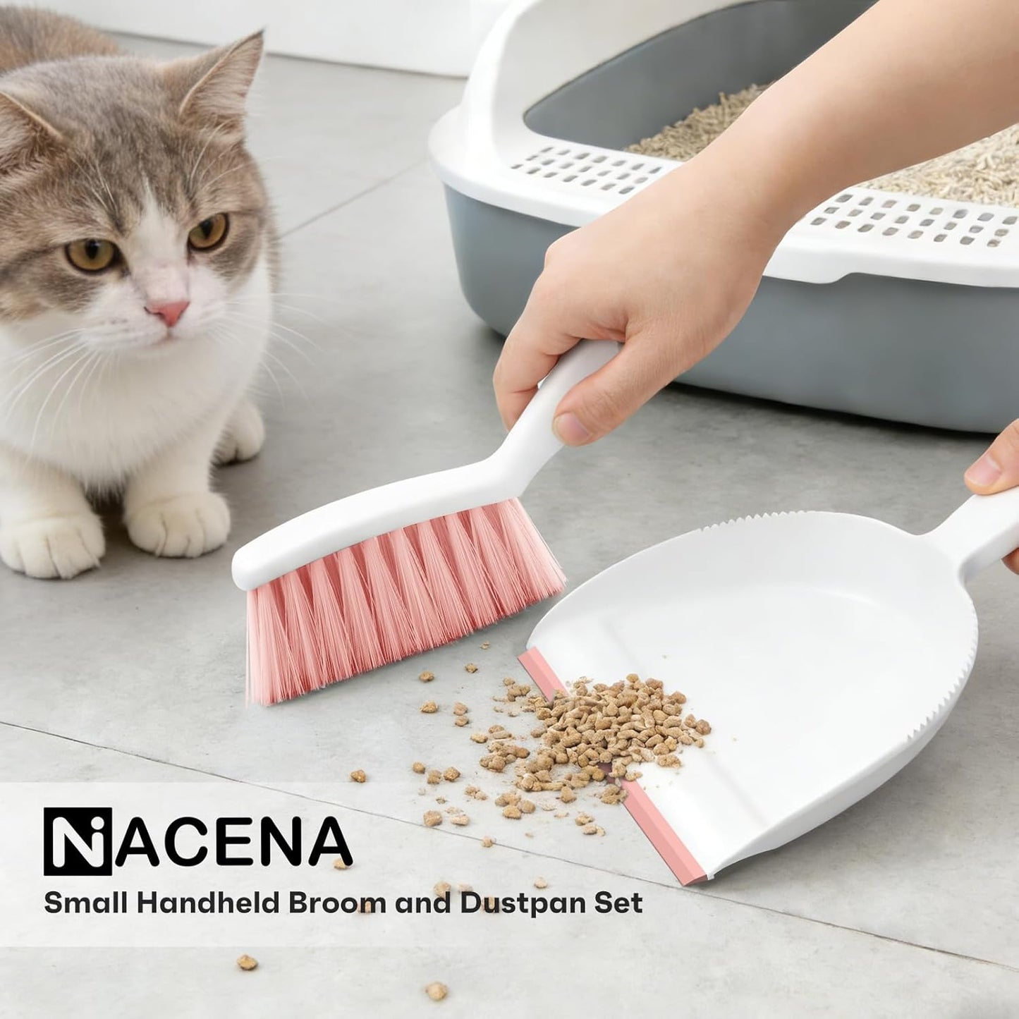 NACENA Mini Broom and Dustpan Set, Small Dust Pan and Brush Set with Handle Dustpan Teeth for Cleaning Hair Suitable for Office Desks Drawers Sofas Outdoor Camping, Light & Purple