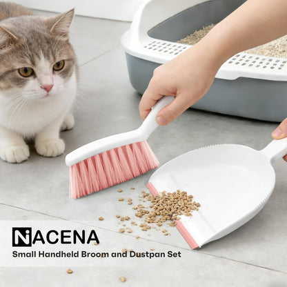 NACENA Mini Broom and Dustpan Set, Small Dust Pan and Brush Set with Handle Dustpan Teeth for Cleaning Hair Suitable for Office Desks Drawers Sofas Outdoor Camping, Light & Purple