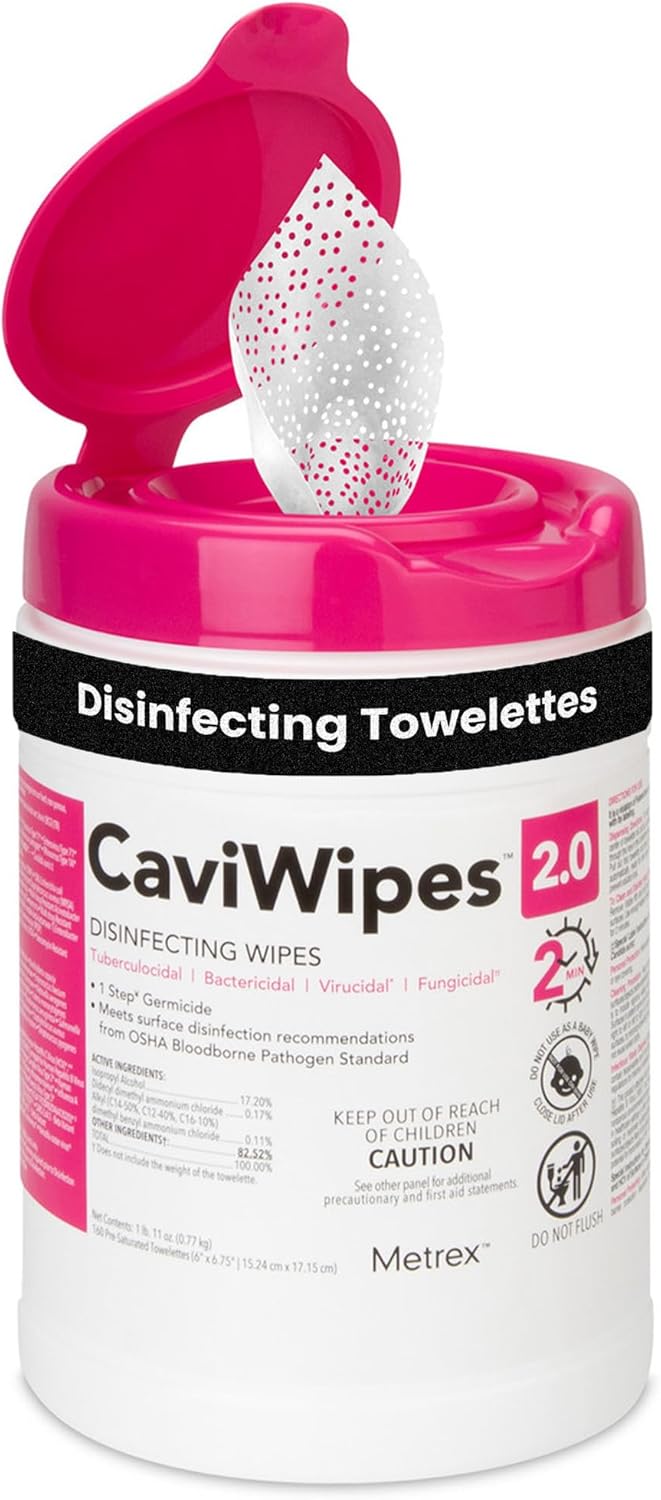 Metrex – CaviWipes 2.0 Disinfecting Wipes for Healthcare, Dental & Clinical Use – Manual Pull, Pre-Moistened, Non-Sterile, Disposable 6" x 6.75" – 160 Wipes per Canister, Pack of 1