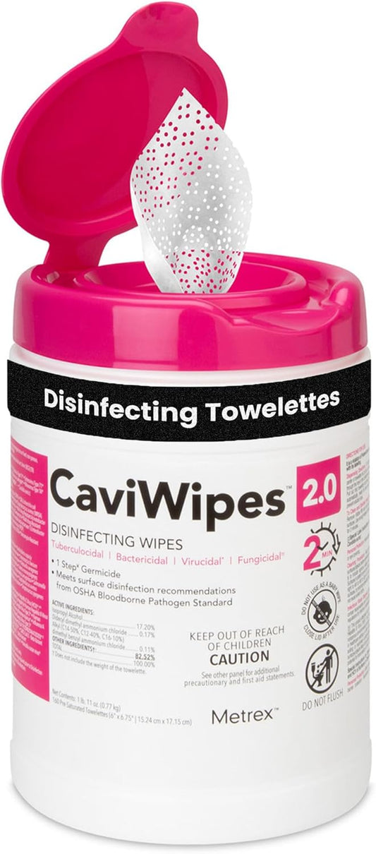 Metrex – CaviWipes 2.0 Disinfecting Wipes for Healthcare, Dental & Clinical Use – Manual Pull, Pre-Moistened, Non-Sterile, Disposable 6" x 6.75" – 160 Wipes per Canister, Pack of 1