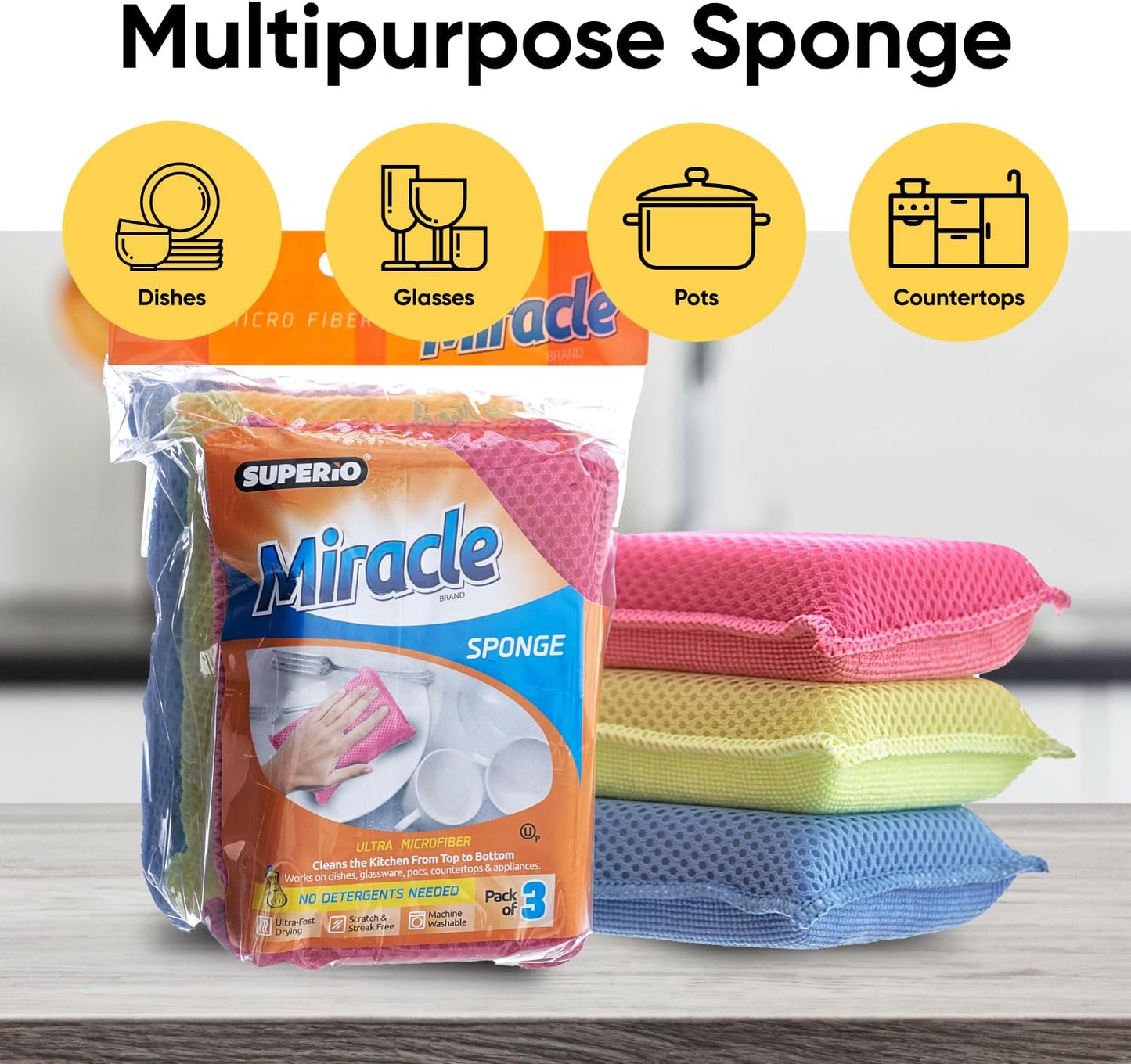 Superio Miracle Microfiber Sponges for Kitchen 3-Pack Red Yellow Blue, Kosher Non-Scratch Sponge Scrubber Heavy Duty Multi-Purpose Cleaning of Dishes, Pots, Pans and Counter tops, Machine Washable