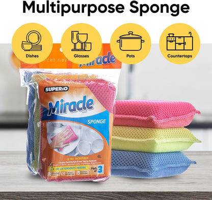 Superio Miracle Microfiber Sponges for Kitchen 3-Pack Red Yellow Blue, Kosher Non-Scratch Sponge Scrubber Heavy Duty Multi-Purpose Cleaning of Dishes, Pots, Pans and Counter tops, Machine Washable
