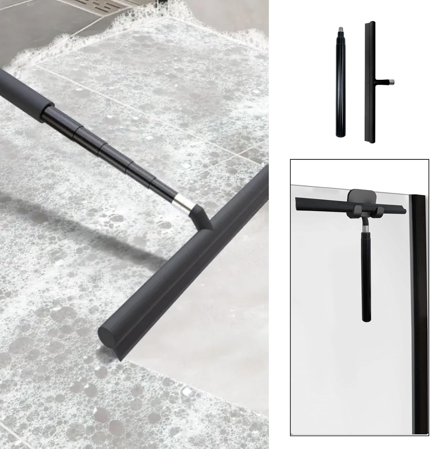Telescopic Black Shower Squeegee for Glass Doors, Tile Shower Walls, and Bathroom - 13.19x43.13 Inch - Includes Suction Hook, Ideal Squeegee for Shower Glass