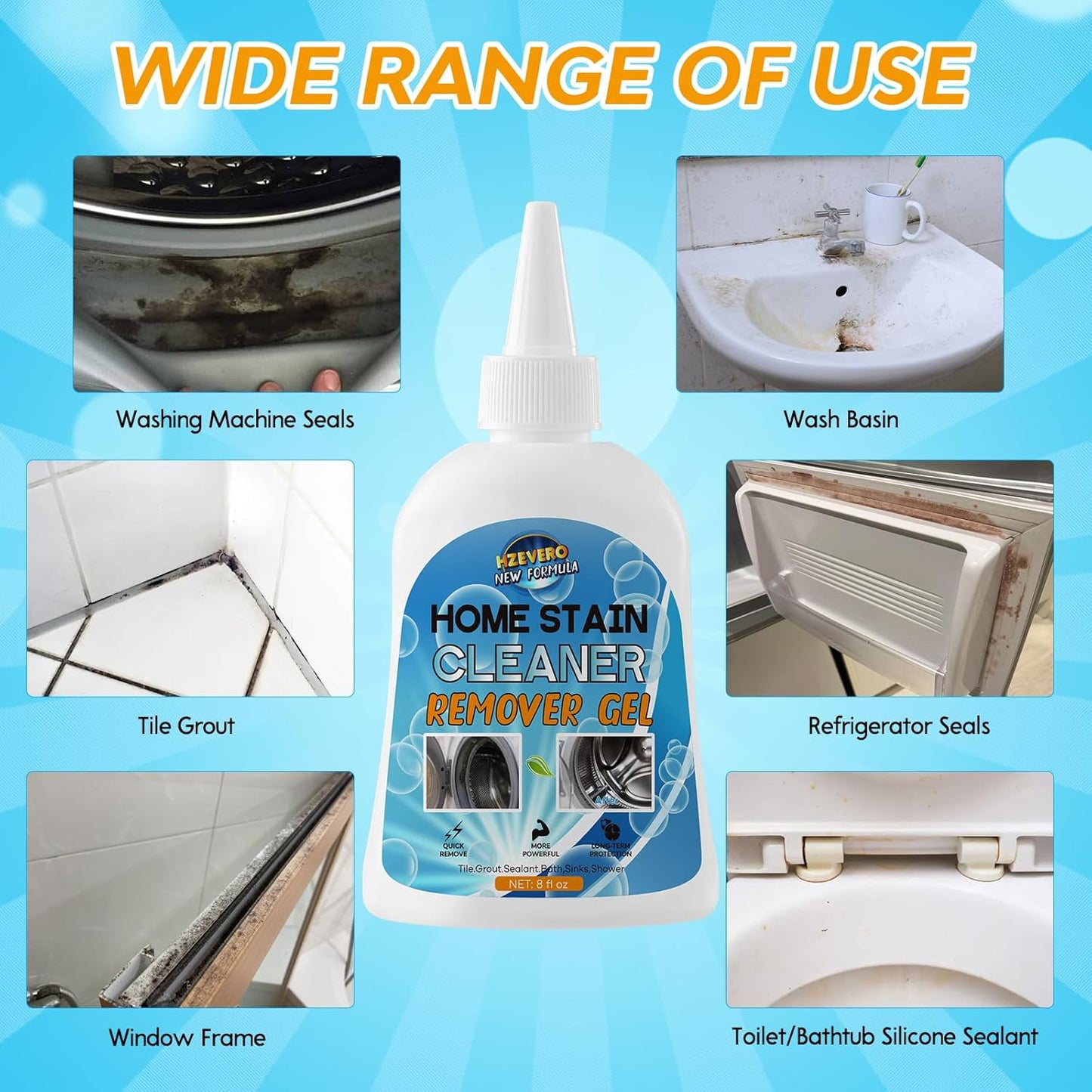 Mold Stain Remover Gel, Front Load Washer Mold Remover for Washing Machine Gasket Rubber Seal Home Stain Cleaner Gel for Grout Caulk, Bathroom, Shower, Bathtub, Refrigerator Cleaning Solution 8 Fl Oz