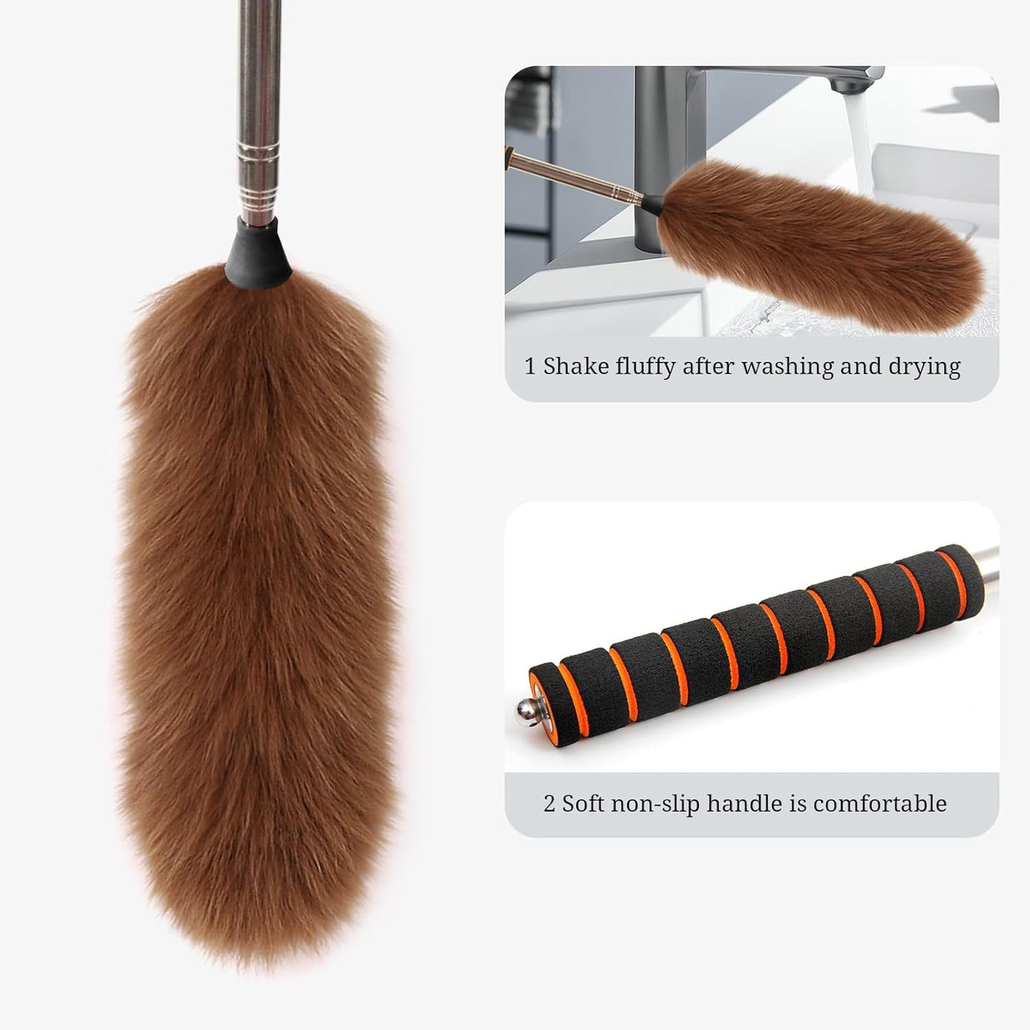 Extendable Lambswool Duster Stainless Steel Handle 133" Removable Feather Duster for Cleaning Ceiling Fans Interior Roof Furniture, Brown