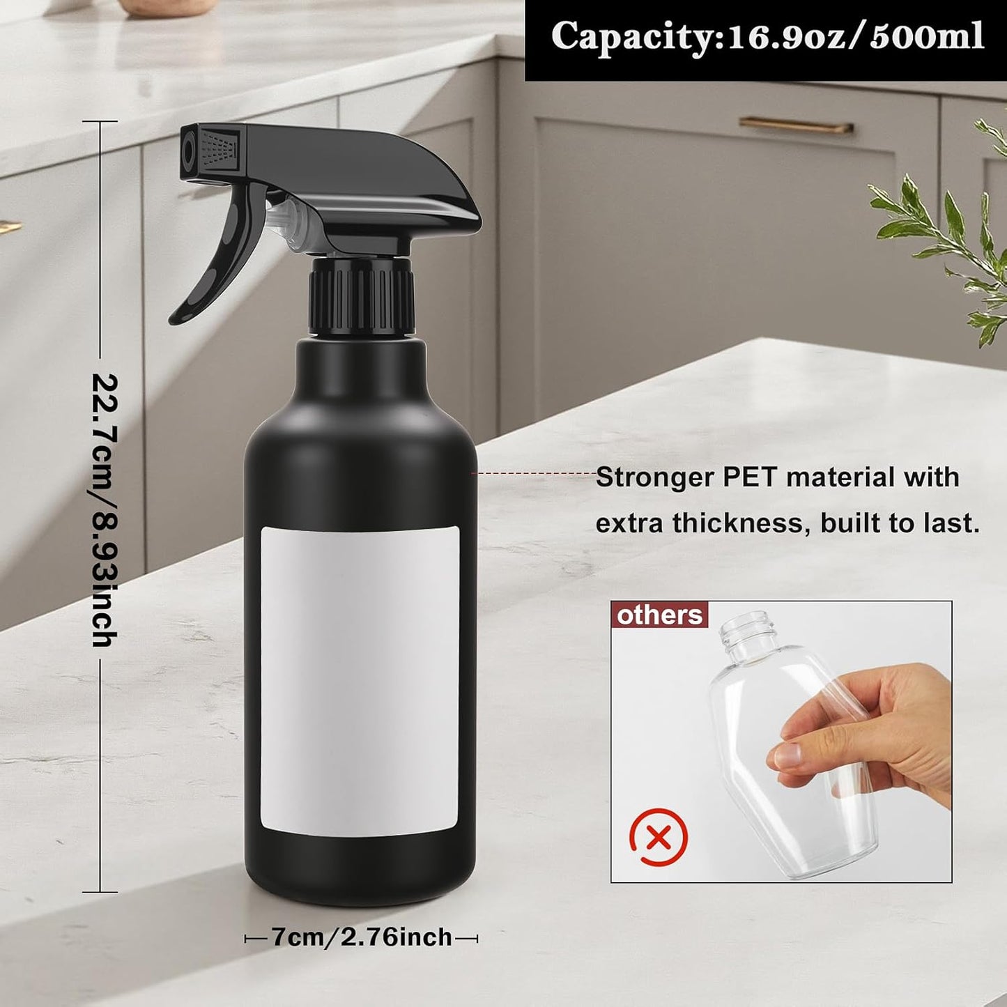 Plastic Spray Bottles Empty Spray Bottle 16.9oz/500ml 2 Pack Heavy Duty Spraying Bottles Mist/Stream Water Bottle for Cleaning Solutions, Essential Oils, Hair (Clear)